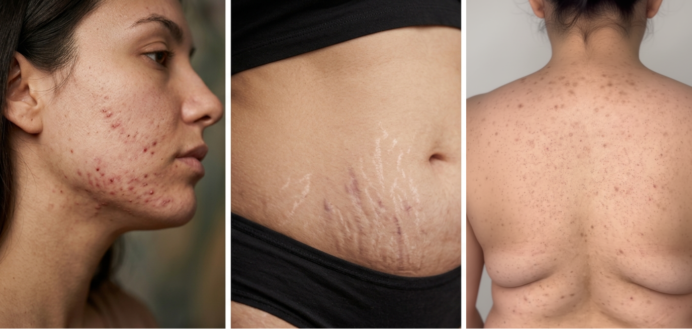 Les 3 problèmes de peau majeurs : Acné & Imperfections, Vergetures & Cicatrices, Taches Pigmentaires